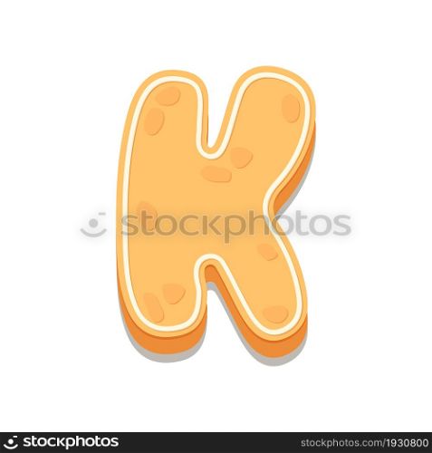 Gingerbread Cookies letter K. Cartoon letter with icing sugar covering. Vector illustration for your design.