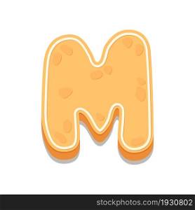 Gingerbread Cookies letter M. Cartoon letter with icing sugar covering. Vector illustration for your design.