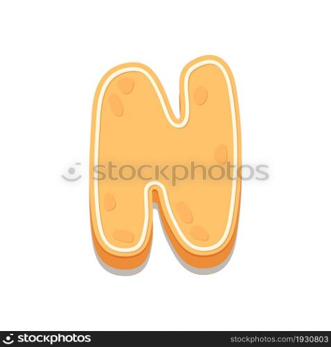 Gingerbread Cookies letter N. Cartoon letter with icing sugar covering. Vector illustration for your design.