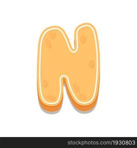 Gingerbread Cookies letter N. Cartoon letter with icing sugar covering. Vector illustration for your design.