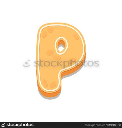 Gingerbread Cookies letter P. Cartoon letter with icing sugar covering. Vector illustration for your design.