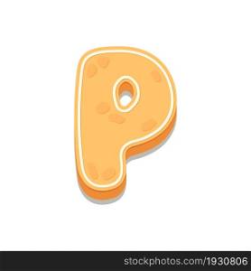 Gingerbread Cookies letter P. Cartoon letter with icing sugar covering. Vector illustration for your design.