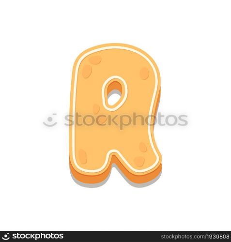 Gingerbread Cookies letter R. Cartoon letter with icing sugar covering. Vector illustration for your design.