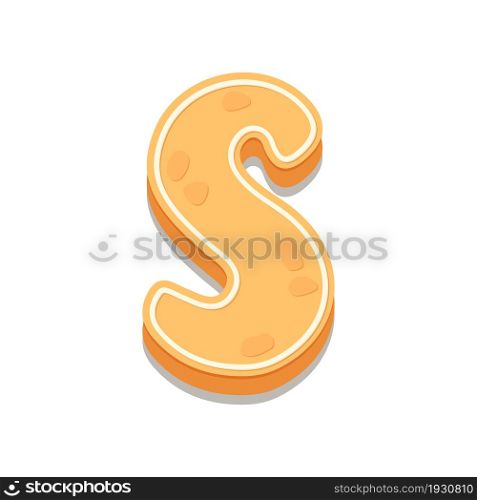 Gingerbread Cookies letter S. Cartoon letter with icing sugar covering. Vector illustration for your design.