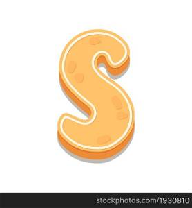 Gingerbread Cookies letter S. Cartoon letter with icing sugar covering. Vector illustration for your design.
