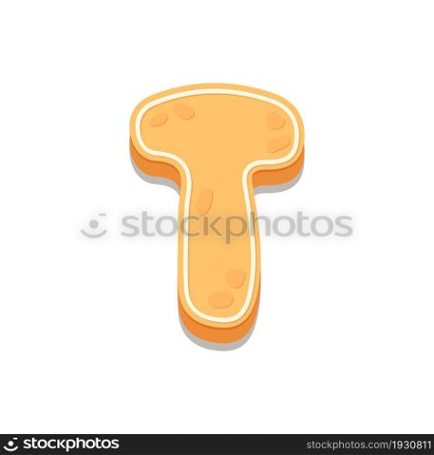 Gingerbread Cookies letter T. Cartoon letter with icing sugar covering. Vector illustration for your design.