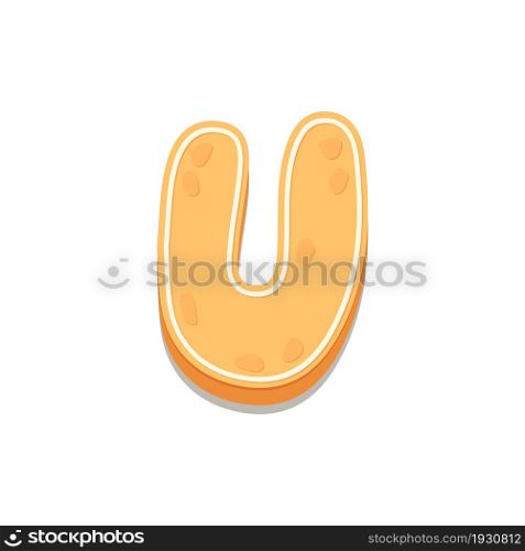 Gingerbread Cookies letter U. Cartoon letter with icing sugar covering. Vector illustration for your design.