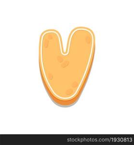 Gingerbread Cookies letter V. Cartoon letter with icing sugar covering. Vector illustration for your design.