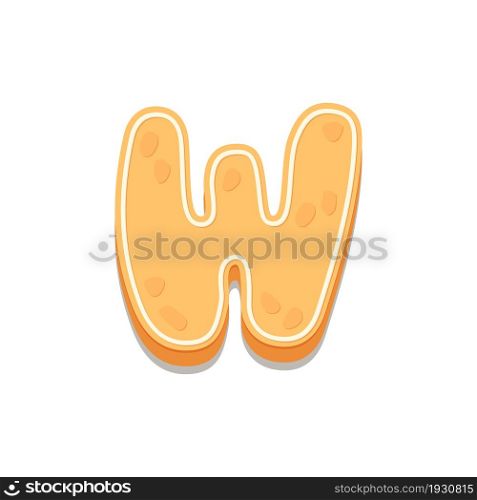 Gingerbread Cookies letter W. Cartoon letter with icing sugar covering. Vector illustration for your design.