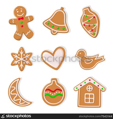 Gingerbread cookies, man and bells hearts isolated icons set vector. Bauble in form of cone, moon and ball, house and heart, birdie ginger biscuit. Gingerbread Cookies, Man and Bells Hearts Icons
