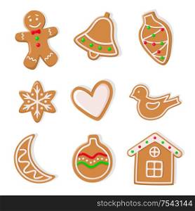 Gingerbread cookies, man and bells hearts isolated icons set vector. Bauble in form of cone, moon and ball, house and heart, birdie ginger biscuit. Gingerbread Cookies, Man and Bells Hearts Icons