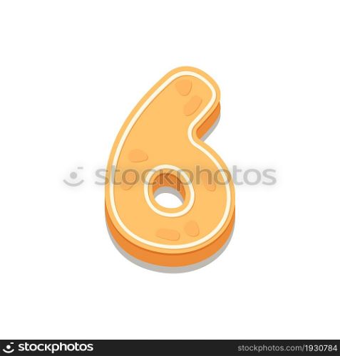 Gingerbread Cookies number six, 6. Cartoon number with icing sugar covering. Vector illustration for your design.