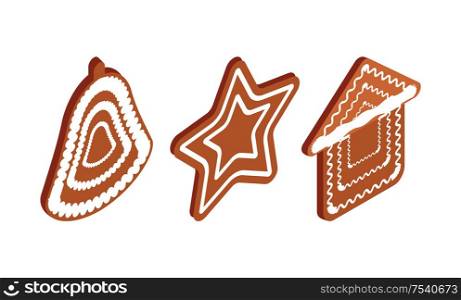 Gingerbread cookies set Christmas holidays food vector. Star and house, bell biscuit with frosting and dotted decoration, traditional meal in winter. Gingerbread Cookies Set Christmas Holidays Food
