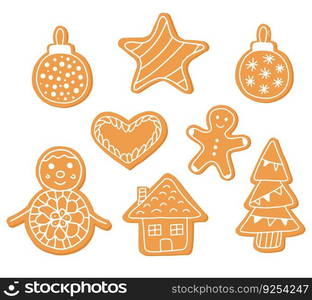 Gingerbread doodle flat icon set isolated on white background. Glazed traditional sweet food. Christmas decoration.