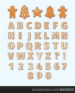 Gingerbread. Geometrical xmas decorated cookies tasty holiday ornamental gifts biscuits shapes garish vector colored cillustrations set. Alphabet xmas, abc gingerbread font. Gingerbread. Geometrical xmas decorated cookies tasty holiday ornamental gifts biscuits shapes garish vector colored cillustrations set