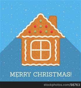 Gingerbread House. Gingerbread house on blue background with Merry Christmas congratulation, vector eps10 illustration