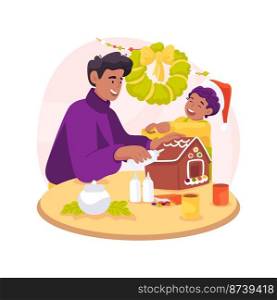 Gingerbread house isolated cartoon vector illustration. Father and little daughter making gingerbread house for xmas holiday celebration, tradition Christmas sweets vector cartoon.. Gingerbread house isolated cartoon vector illustration.