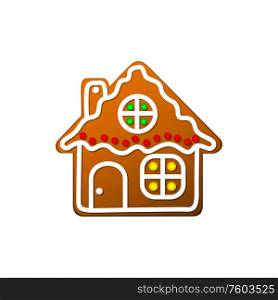 Gingerbread house with chimney, roof, door and window isolated biscuit. Vector homemade Xmas dessert. Christmas biscuit gingerbread home or house