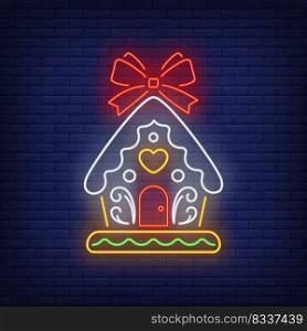 Gingerbread house with red bow neon sign. Sweet, bakery, dessert. Vector illustration in neon style for topics like Christmas, Xmas, decoration