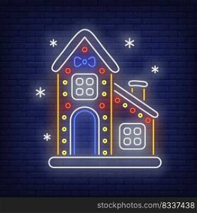 Gingerbread house with snowflakes neon sign. Sweet, bakery, dessert. Vector illustration in neon style for topics like Christmas, Xmas, decoration