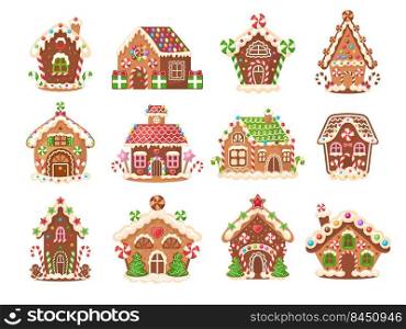 Gingerbread house. Xmas bakery decorative products sweets and cakes collection recent vector gingerbreads colored illustrations. Gingerbread home, holiday ginger biscuit dessert. Gingerbread house. Xmas bakery decorative products sweets and cakes collection recent vector gingerbreads colored illustrations