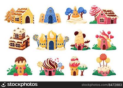 Gingerbread houses. Cartoon fairy tale sweet candy castles, buildings made of cookies and gingerbread. Vector set sweet baking celebrating holiday. Gingerbread houses. Cartoon fairy tale sweet candy castles, buildings made of cookies and gingerbread. Vector set