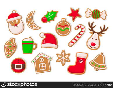 Gingerbread man and baubles ball and stars isolated icons set vector. Cookies reindeer and Santa Claus hat, belts and houses, bell and cups mug shape. Gingerbread Man and Baubles Ball and Stars Set