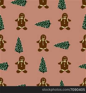 Gingerbread man and christmas tree seamless pattern on pink background. Flat style illustration. Greeting card, poster, design element. . Gingerbread man and christmas tree seamless pattern on pink background
