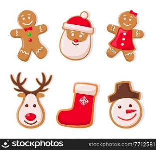 Gingerbread man and Santa Claus ginger cookies isolated icons set vector. Snowman with carrot nose, sock with snowflake print, reindeer animal deer. Gingerbread Man and Santa Claus Ginger Cookies