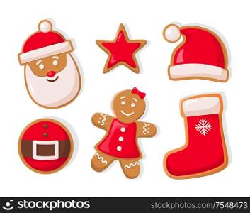 Gingerbread man and star shaped cookies isolated icons set vector. Santa Claus head and sock, belt and hat of winter character christmas symbols sign. Gingerbread Man and Star Shaped Cookies Icons