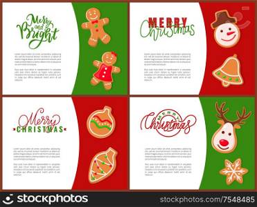 Gingerbread man and woman, head of snowman and deer, snowflake and ball. Merry and bright Christmas colorful paper cards with cookies and lettering vector. Merry Christmas Cards with Gingerbreads Vector