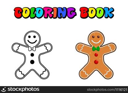 Gingerbread man coloring book, pages. Christmas baking decorated colored icing. Holiday biscuit cookies in shape of cute human. Vector illustration isolated on white background