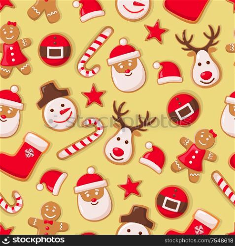Gingerbread man cookies and Santa Claus candy seamless pattern vector. Christmas symbols winter holiday celebration, sock and hat, star and reindeer. Gingerbread Man Cookies and Santa Claus Candy