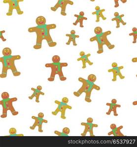 Gingerbread Man Decorated Icing Seamless Pattern.. Gingerbread man decorated colored icing seamless pattern. Holiday cookie in shape of man. For new year s day, christmas, winter holiday, cooking, new year s eve. Wallpaper design endless texture.