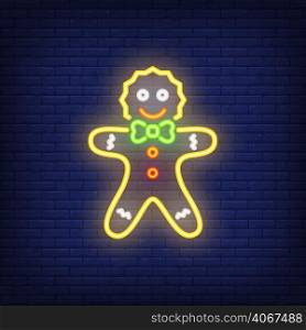 Gingerbread man neon cartoon character. Night bright advertisement element. Neon festive design for New Year, Christmas, celebration, greeting cards