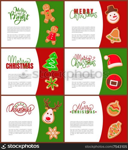 Gingerbread man Santa Claus and pine tree posters with text sample. Snowman and bell, spruce and belt hat, reindeer and cone bauble toy decoration. Gingerbread Man Santa Claus and Pine Tree Poster
