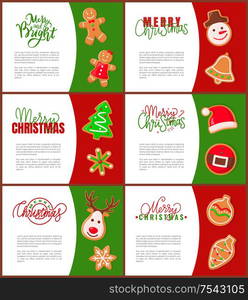 Gingerbread man Santa Claus and pine tree posters with text sample. Snowman and bell, spruce and belt hat, reindeer and cone bauble toy decoration. Gingerbread Man Santa Claus and Pine Tree Poster