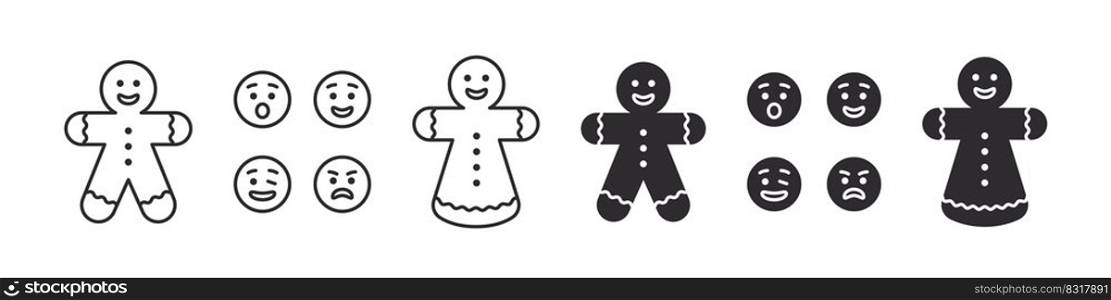Gingerbread man with different emotions on his face. Collection of Christmas icons on white background. Vector illustration