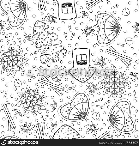 Gingerbread. Seamless Pattern. Coloring book for adults and children. New Year, Christmas design. For the kitchen, cafe, shop. Heart, house, tree, snowflake star carnation anise hazelnut cinnamon. Gingerbread. Seamless Pattern. Coloring book for adults and children. New Year, Christmas design