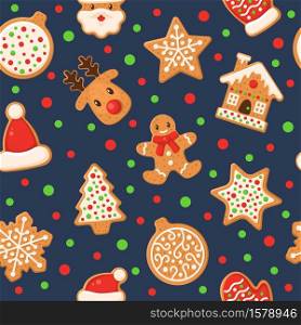 Gingerbread seamless pattern. Holiday gingerbreads sugar glazed winter sweet sugar glaze food, cookie man and deer, star and home holidays decor textile, fabric wrapping paper wallpaper vector texture. Gingerbread seamless pattern. Holiday gingerbreads sugar glazed winter sweet sugar glaze food, cookie man and deer holidays decor textile, fabric wrapping paper wallpaper vector texture