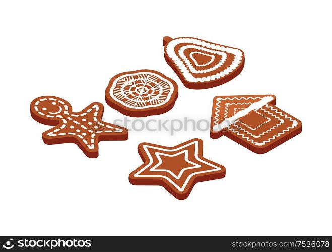 Gingerbread set, shape of person and star, snowflake and house with bell. Cookies isolated on white. Sweet confectionery dessert in 3D design vector. Set of Christmas Gingerbreads Vector Isolated
