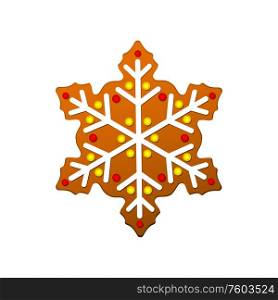 Gingerbread snowflake isolated Christmas sweets. Vector ornamental biscuit with sugar icing topping. Snowflake of gingerbread with sugar ornaments