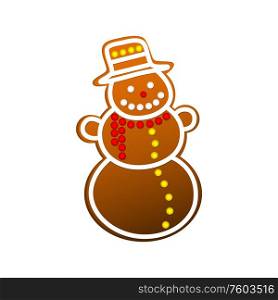 Gingerbread snowman in hat with sugar icing isolated Xmas cookie. Vector Christmas baked biscuit. Homemade biscuit gingerbread snowman isolated