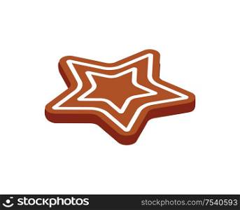 Gingerbread star vector baked cookie icon isolated on white. Traditional element for New Year and Christmas baking. Sweet confectionery dessert in 3D design. Gingerbread Star Vector Baked Cookie Icon Isolated