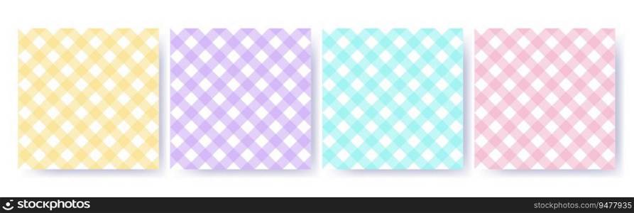 Gingham diagonal seamless pattern set in pastel colors. Vichy plaid design for Easter holiday textile decorative. Vector checkered pattern for fabric - picnic blanket, tablecloth, dress, napkin. Gingham diagonal seamless pattern set in pastel colors. Vichy plaid design for Easter holiday textile decorative. Vector checkered pattern for fabric - picnic blanket, tablecloth, dress, napkin.