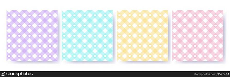 Gingham heart diagonal seamless pattern set in pastel colors. Vichy plaid design for Easter holiday textile decorative. Vector checkered pattern for fabric - picnic blanket, tablecloth, dress, napkin. Gingham heart diagonal seamless pattern set in pastel colors. Vichy plaid design for Easter holiday textile decorative. Vector checkered pattern for fabric - picnic blanket, tablecloth, dress, napkin.