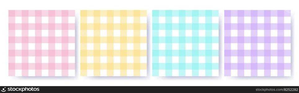 Gingham seamless pattern set in pastel colors. Vichy design for Easter holiday textile decorative. Checked pattern for fabric - picnic blanket, tablecloth, dress, napkin. Vector illustration isolated. Gingham seamless pattern set in pastel colors. Vichy design for Easter holiday textile decorative. Checked pattern for fabric - picnic blanket, tablecloth, dress, napkin. Vector illustration isolated.