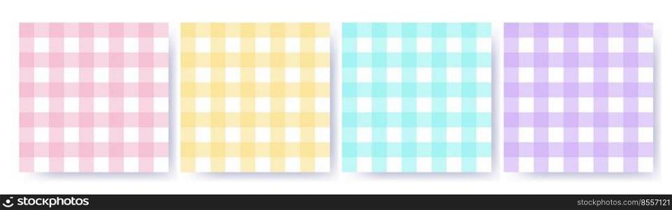 Gingham seamless pattern set in pastel colors. Vichy design for Easter holiday textile decorative. Checked pattern for fabric - picnic blanket, tablecloth, dress, napkin. Vector illustration isolated.