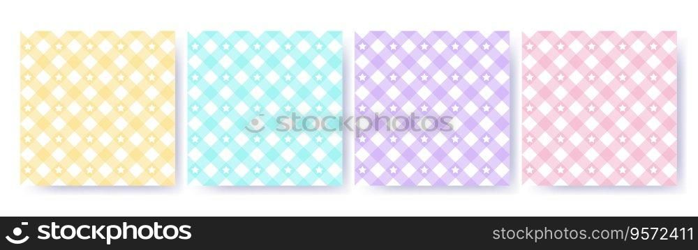 Gingham star diagonal seamless pattern set in pastel colors. Vichy plaid design for Easter holiday textile decorative. Vector checkered pattern for fabric - picnic blanket, tablecloth, dress, napkin. Gingham star diagonal seamless pattern set in pastel colors. Vichy plaid design for Easter holiday textile decorative. Vector checkered pattern for fabric - picnic blanket, tablecloth, dress, napkin.