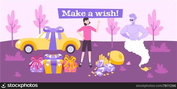 Ginn wish flat composition with doodle style characters of miracle man with woman and various gifts vector illustration
